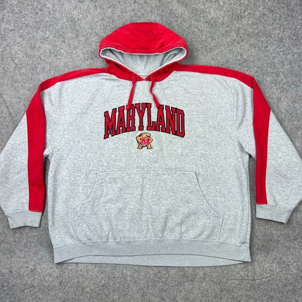 Maryland Terrapins Hoodie Men 2XL Gray Red Hooded Pullover Sweatshirt Pro Player